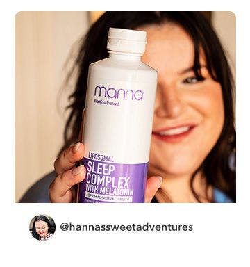 A manna customer holding up a bottle of Liposomal Sleep Complex with Melatonin 3