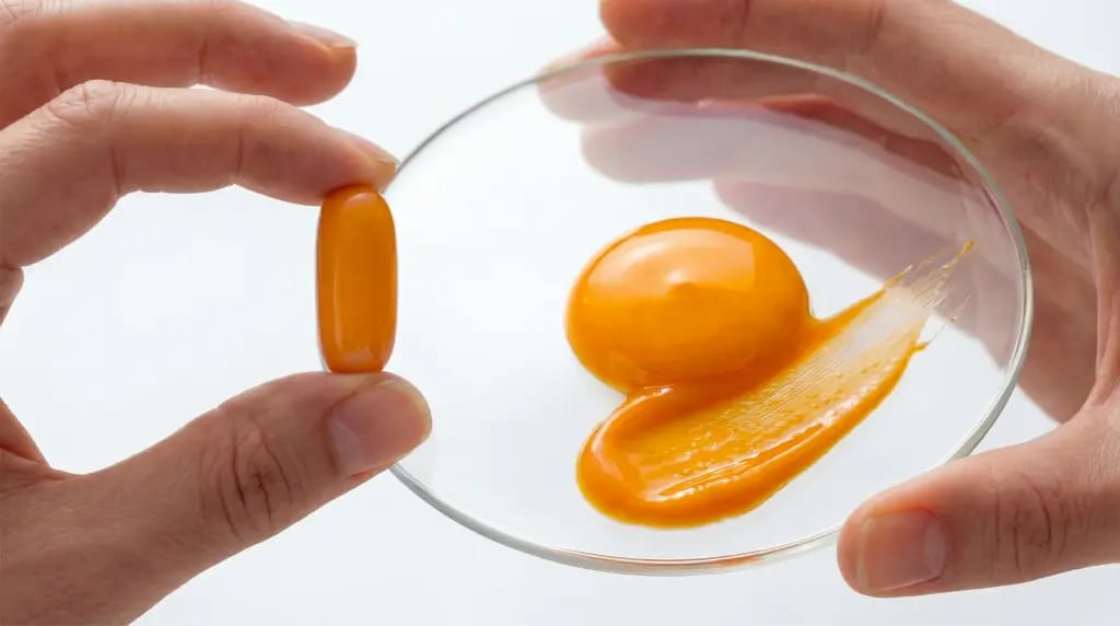 A Curcumin+ softgel next to its liquid contents